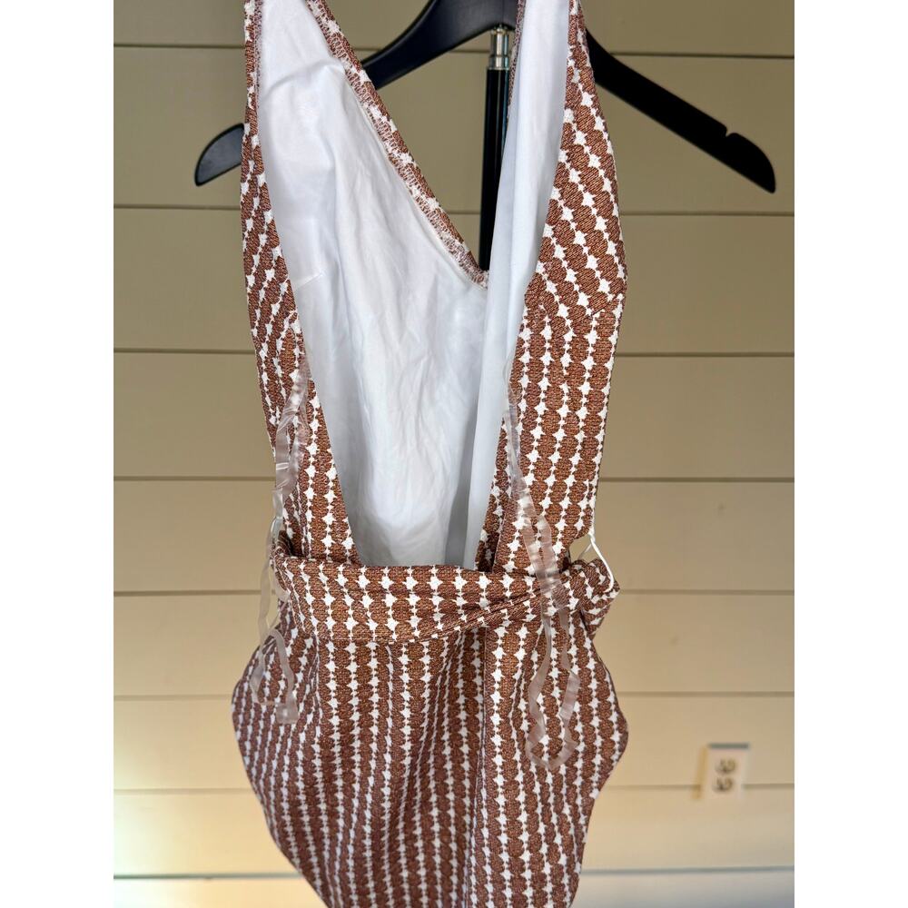 Lemlem Luchia Deep V Belted One Piece Swimsuit Brown White Size XS - Picture 5 of 6